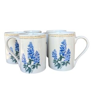 Vintage 90s Y2K Texas Bluebonnet Coffee Mugs Set of 5 White Ceramic Floral Tea